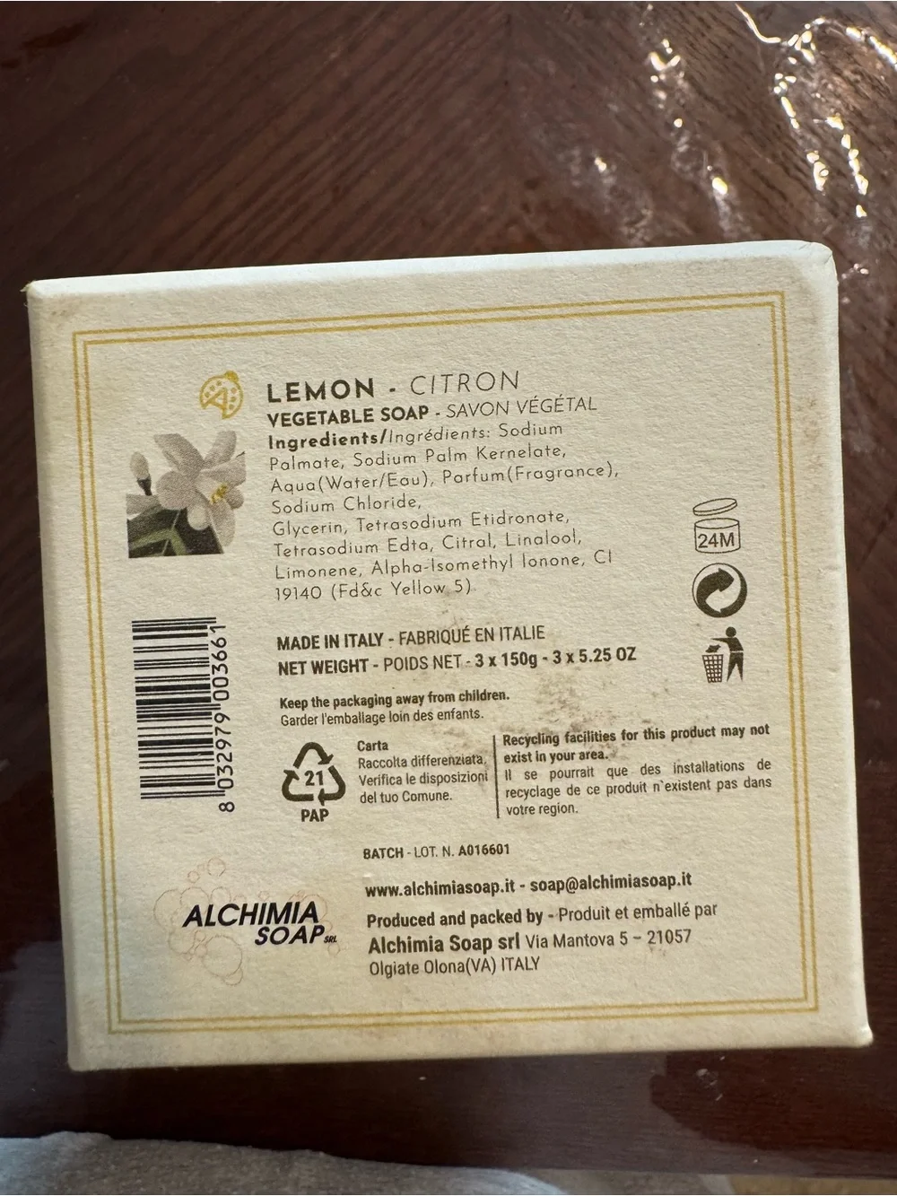 Alchimia Lemon Fine Vegetable 3 bars soap 15.7 Oz